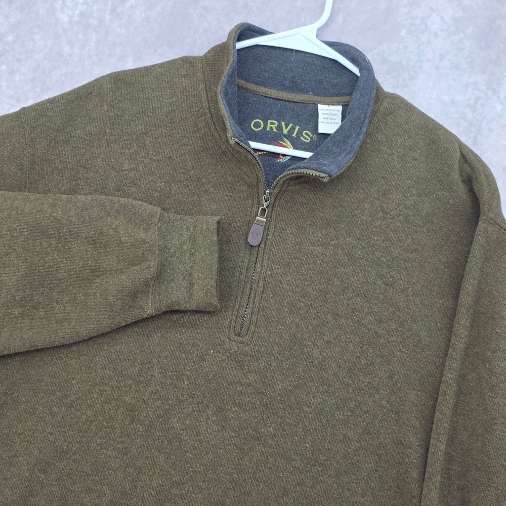 Orvis Mens Large 1/4 Zip Sweater Olive Green Pullover Cotton Knit Mock Neck Logo